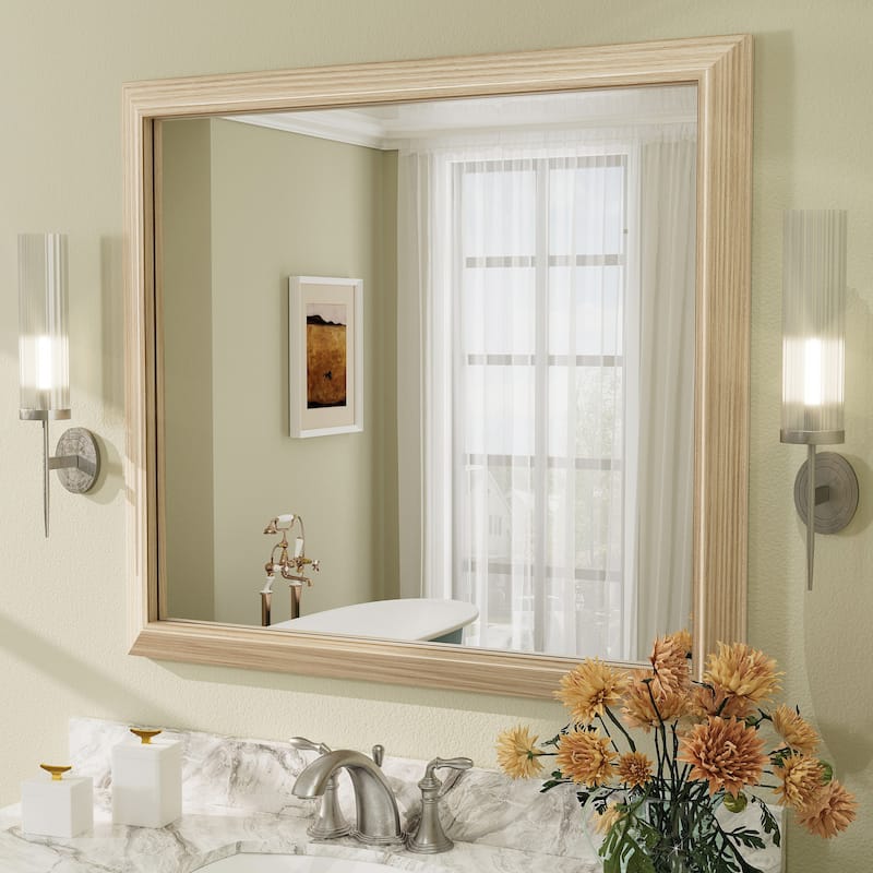 Beveled Metal Rectangle Framed Bathroom Vanity Tempered Glass Mirrors - 40" x 36" - Light Brown