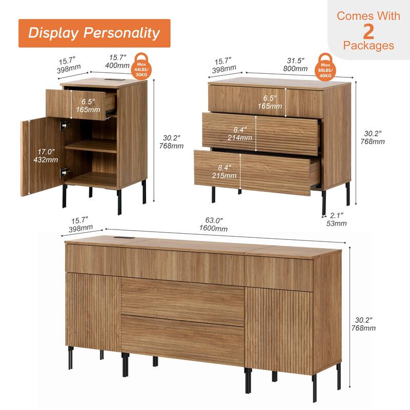 63" Wooden Reeded Sideboard With Built-In Charging Station, 3-In-1 Modern Credenza