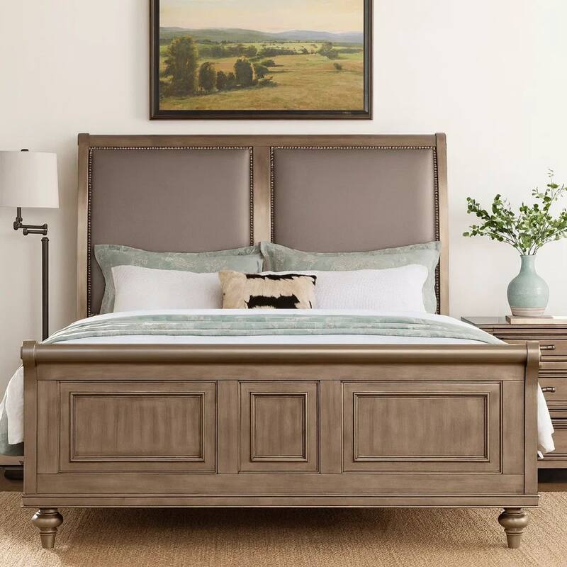 Ella Modern California King Bed, Faux Leather Upholstery, Nailhead, Gold