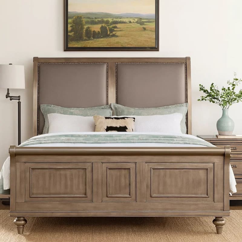 Ella Modern King Size Bed, Faux Leather Upholstery, Nailhead Trim, Gold