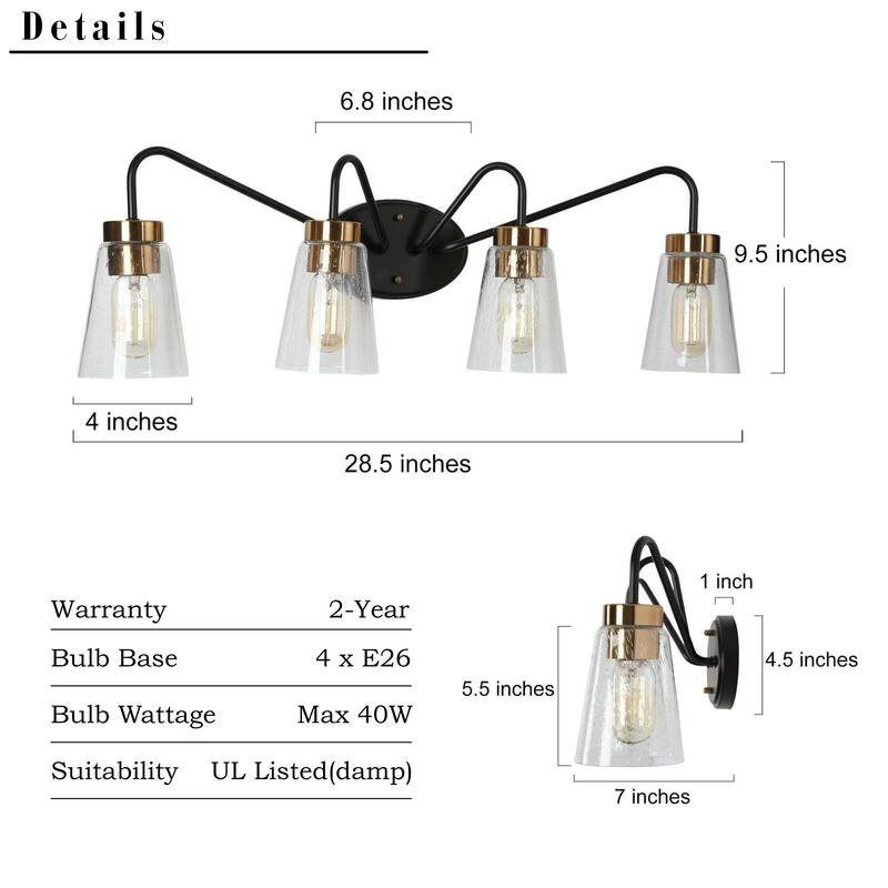 Modern Farmhouse 4-Light Black Gold Bathroom Vanity Lights Dimmable Seeded Glass Wall Lighting - 28.5" L x 7" W x 9.5" H