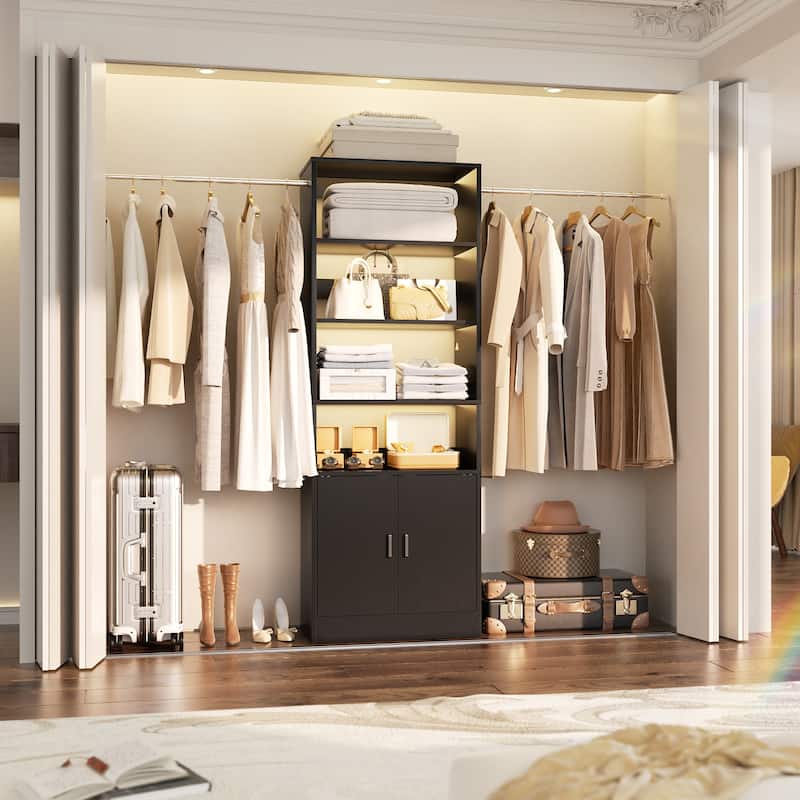 Rackcog 25'' - 104'' W Closet Organizer with Expandable Hanging Rods, Cabinet, Adjustable Shelves - Black