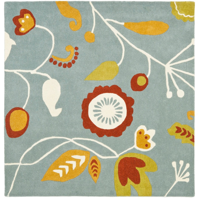 SAFAVIEH Handmade Soho Kaleena Floral N.Z. Wool Rug - 6' Square - Light Blue/Multi