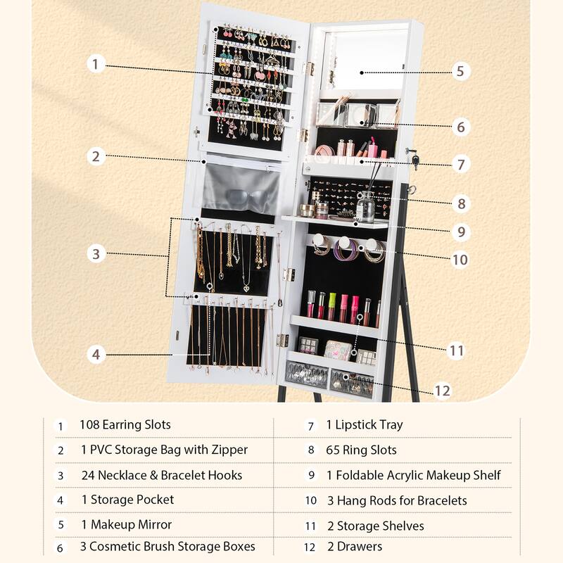 Costway Jewelry Cabinet Armoire 3 Color LED Modes Full-Length - See Details