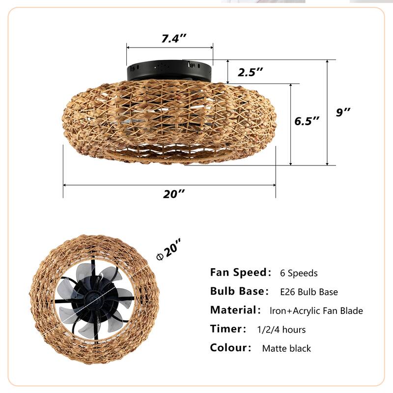 20 inch Flush Mount Ceiling Fan Light with Remote Caged Farmhouse Fandelier Black Wood Low Profile