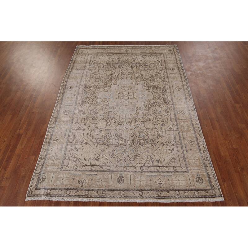 Distressed Tabriz Persian Vintage Area Rug Hand-Knotted Wool Carpet - 6'4" x 9'2"