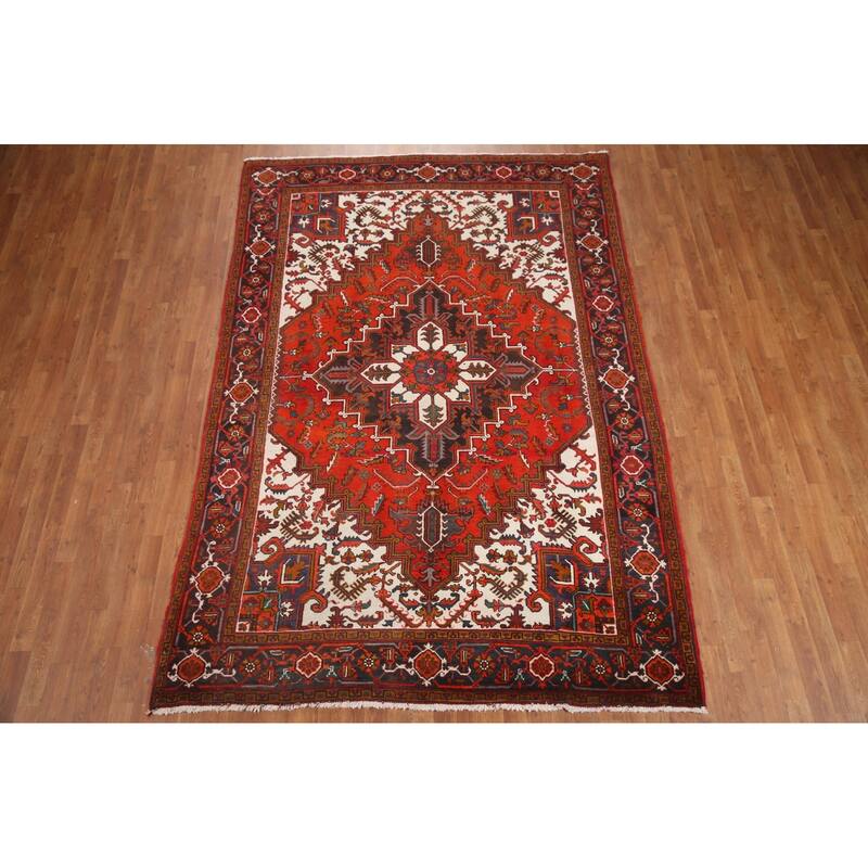 Hand Knotted Oriental 100% Wool Carpet Traditional Medallion Red Heriz Area Rug - 9' 8'' X 6' 7''