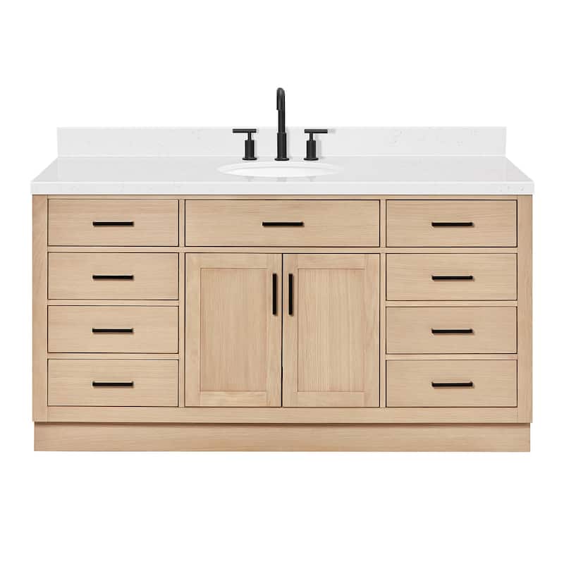 Ariel T066SCQOVO Hepburn 67" Free Standing Single Basin Vanity Set - Oak / Carrara White Quartz Top / Matte Black