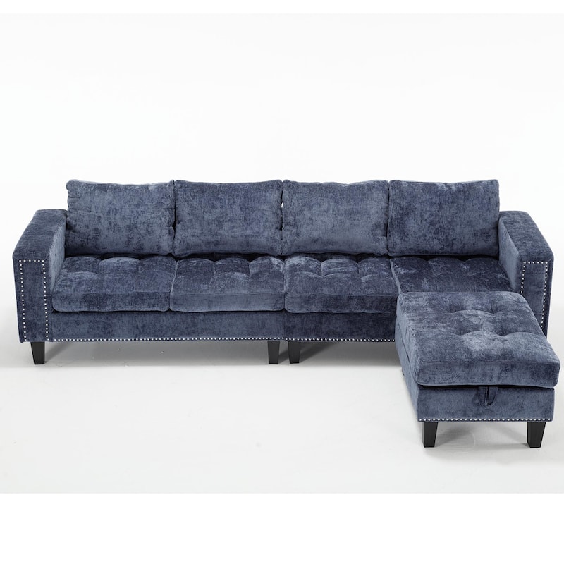 Blue 104.5'' L-Shaped Modular 5-Seat Sectional Sofa with Storage Ottoman, Reversible Chaise, and 4 Back Cushions
