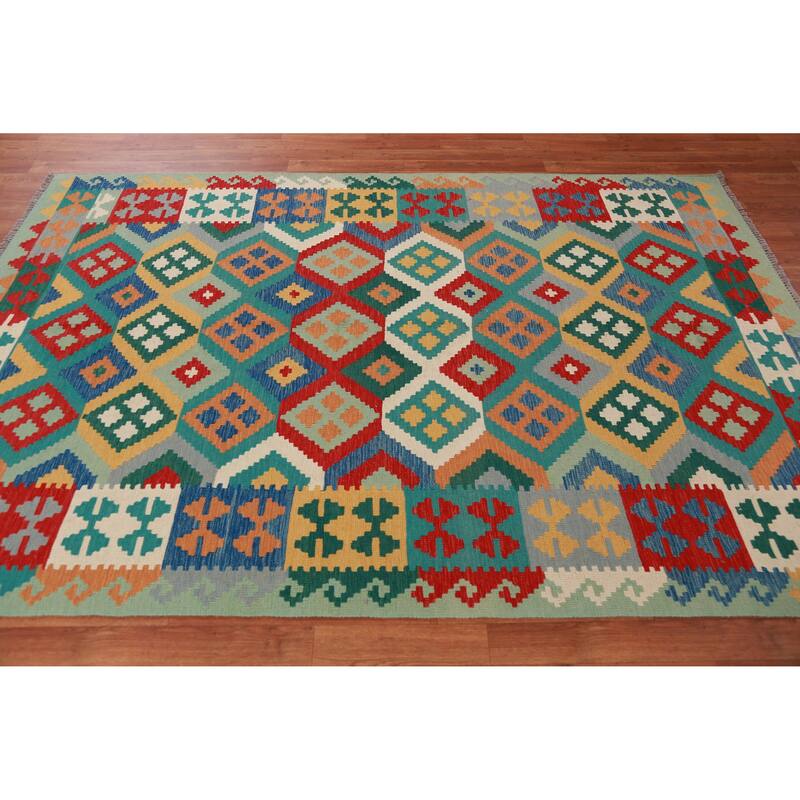 Hand Woven Oriental 100% Wool Carpet Southwestern Geometric Multi-Colored Kilim Area Rug - 8' 4'' X 5' 8''