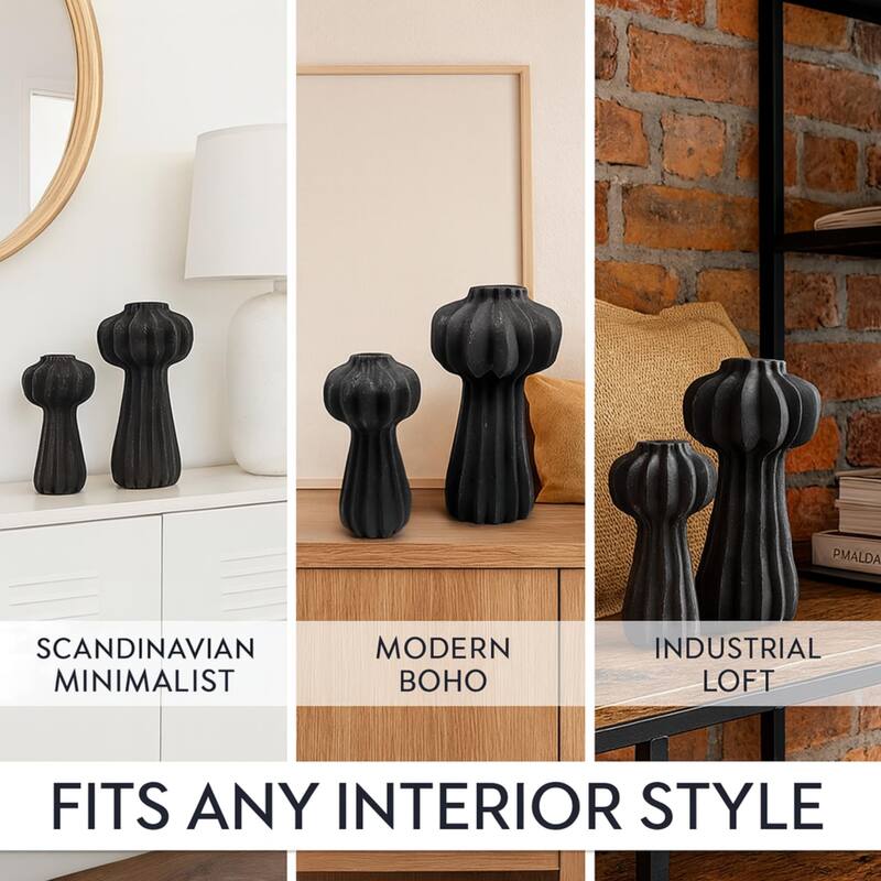 Aria Home Black Ceramic Cactus Inspired Vases Set of Two Modern Decor