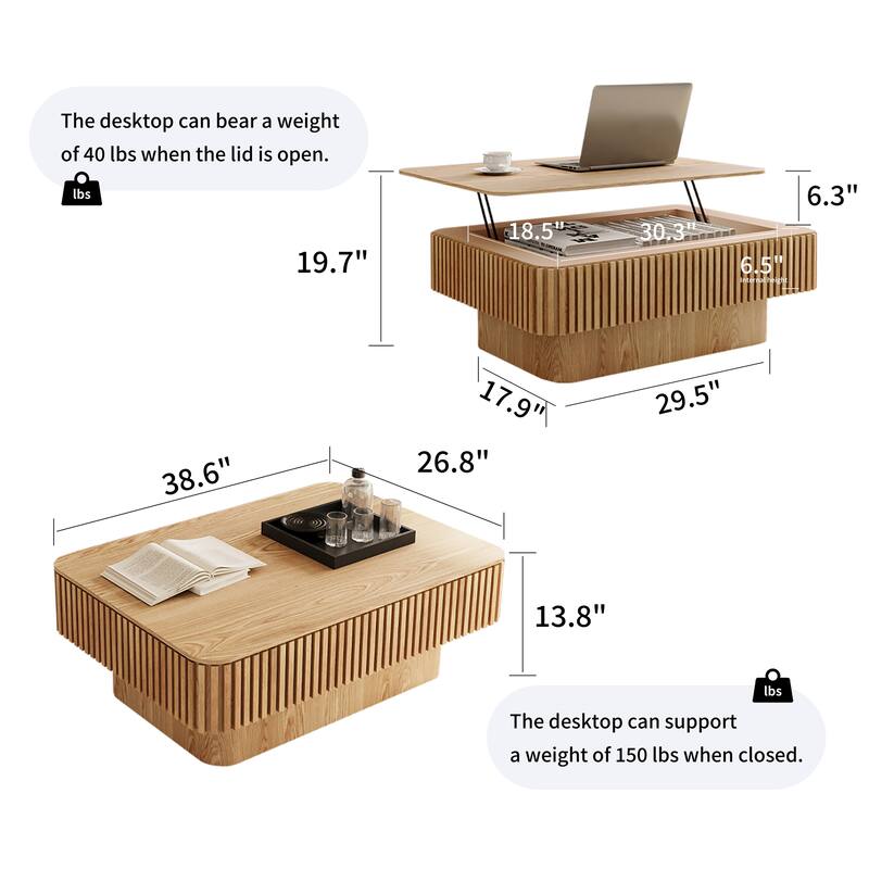 Fluted 38.6" Lift-top Coffee Table, Solid Wood Modern Accent Table with Storage and Adjustable Height