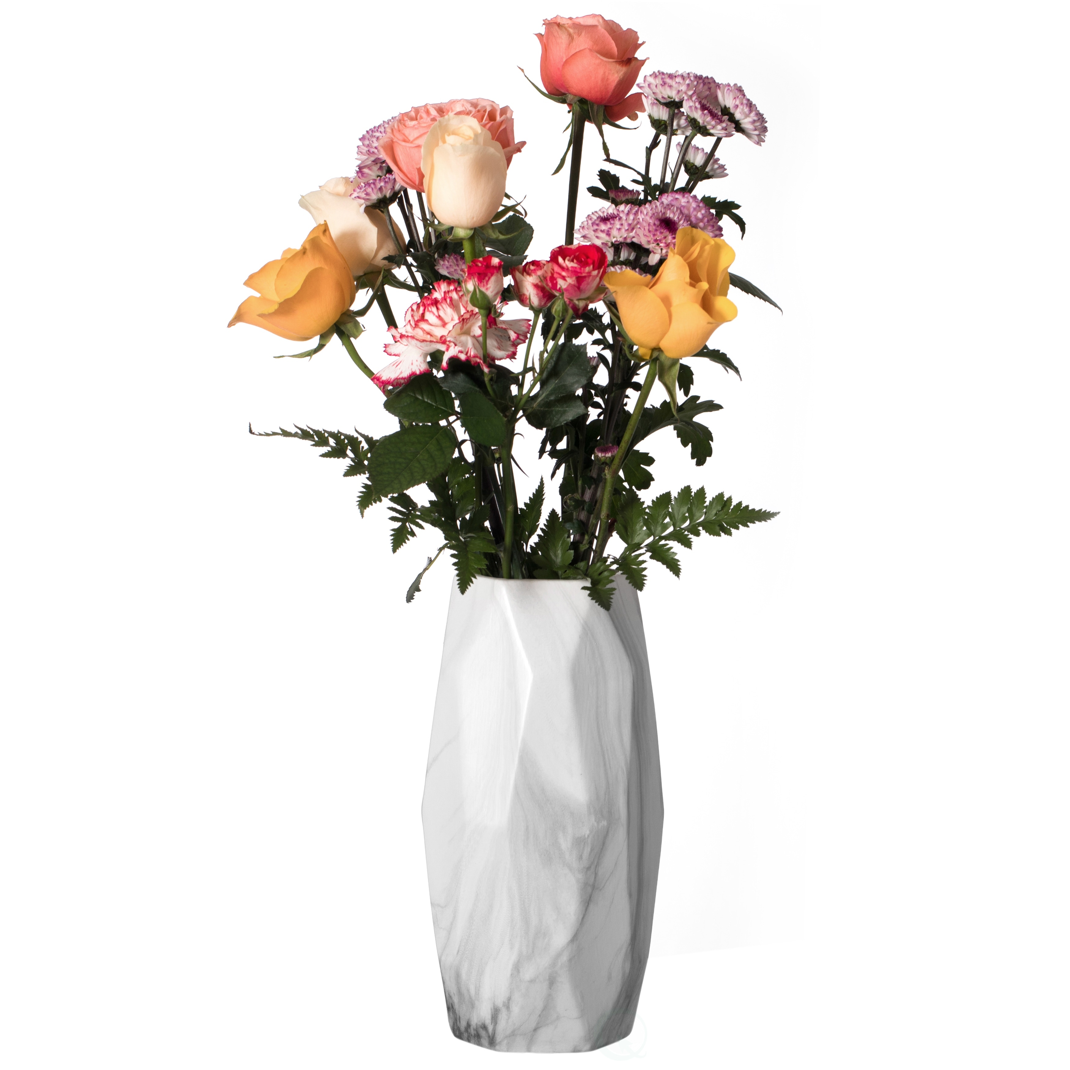 Contemporary ceramic table vase featuring a marble look design and geometric shape, ideal as a flower holder