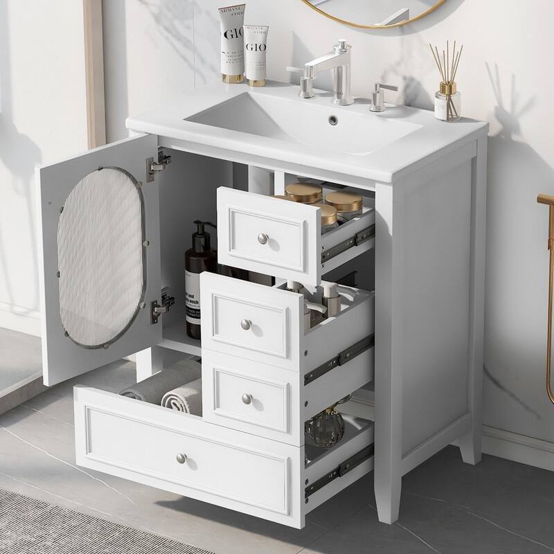 30" Stylish Bathroom Vanity with Sink, Bathroom Storage Cabinet with 3 Drawers, Solid Wood Frame and Glass Door