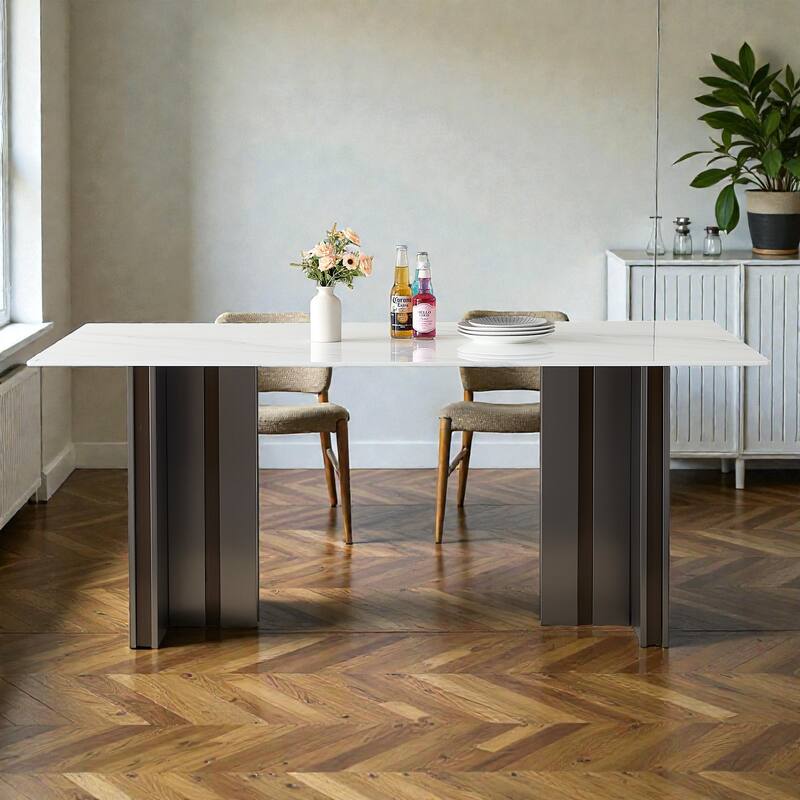 69.3 Inch Rectangular Dining Table with White Marble Glass Top, Modern Dining Table for 4 to 6 People
