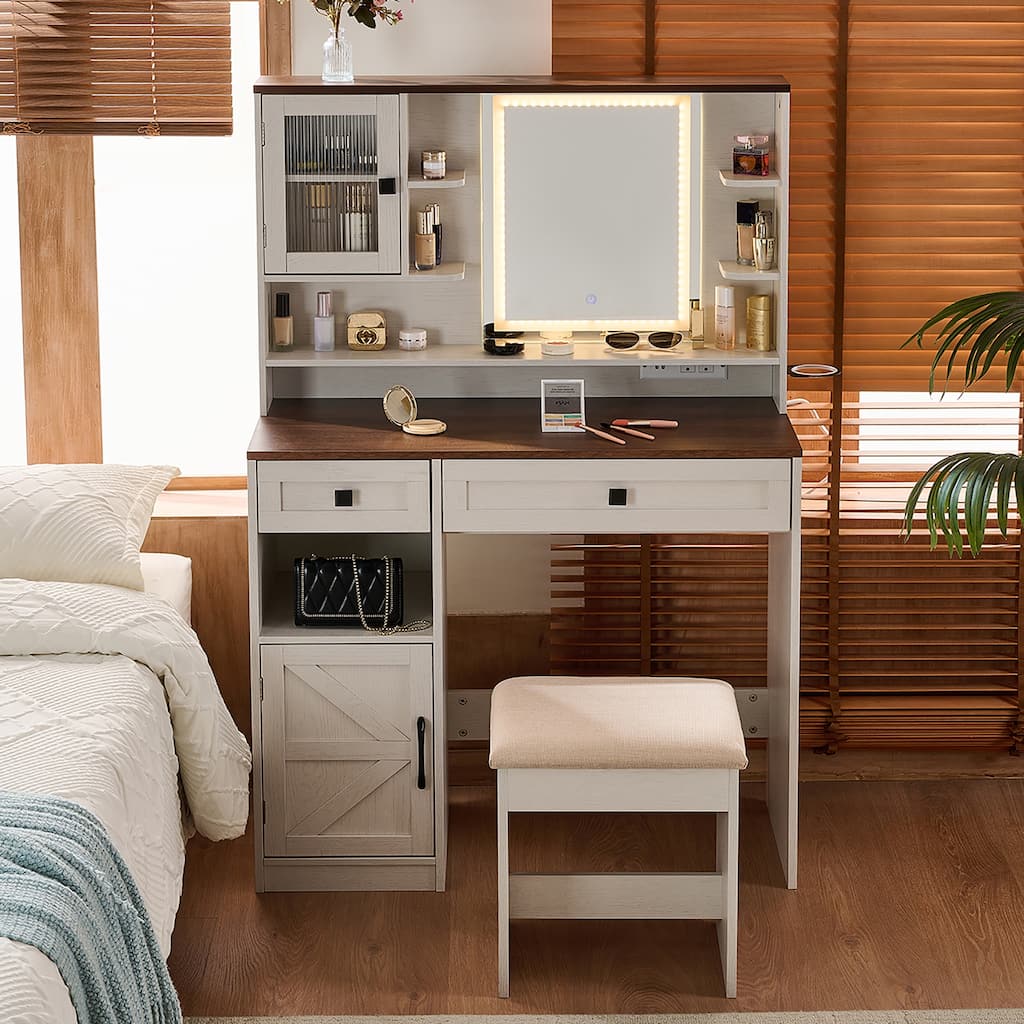 Rustic Makeup Vanity Desk with 3 Color Adjustable Touch Control Mirror, Built-in Power Outlets Dressing Table Set with Stool