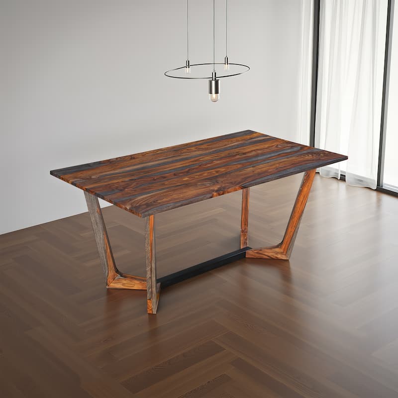 Myra 6 Seater Dining Table, 67" Rectangular Top in Walnut Brown and Antique Gray Sheesham Wood, Black Metal Base