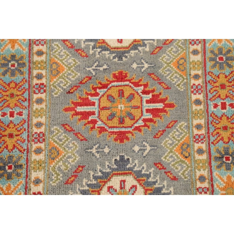 Gray Geometric Kazak Accent Rug Hand-Knotted Traditional Wool Carpet - 2'1"x 2'10"