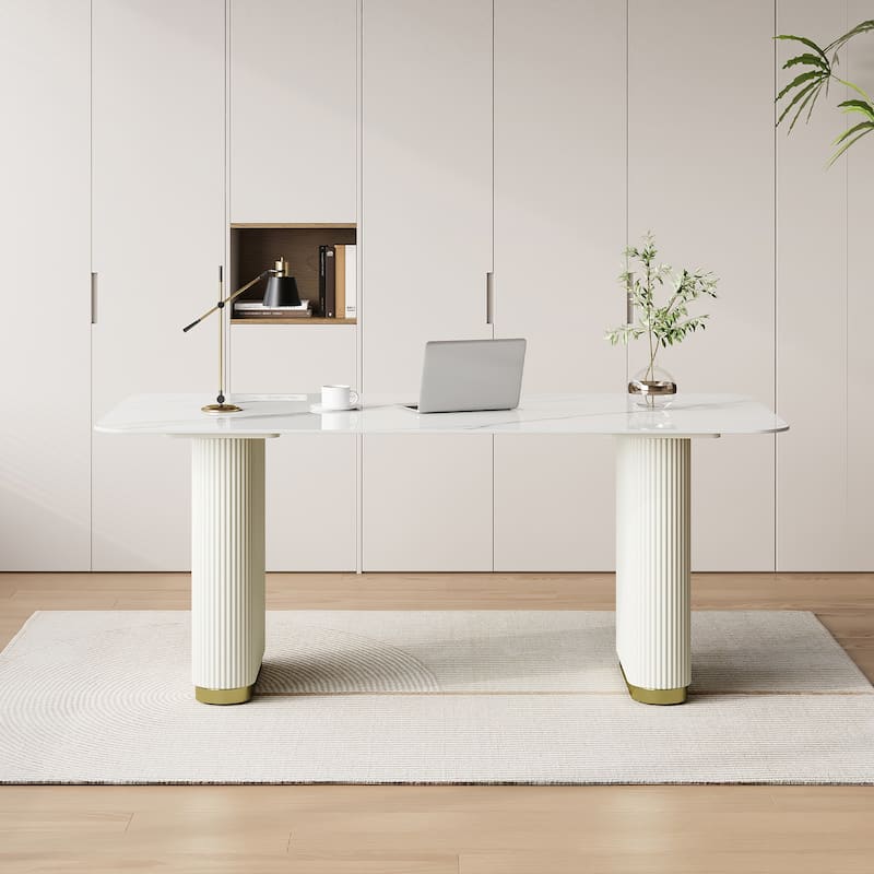63" Modern White Writing Table, Retacgular Desk With Glossy Sintered Stone Table Top, Double Roman Column Legs