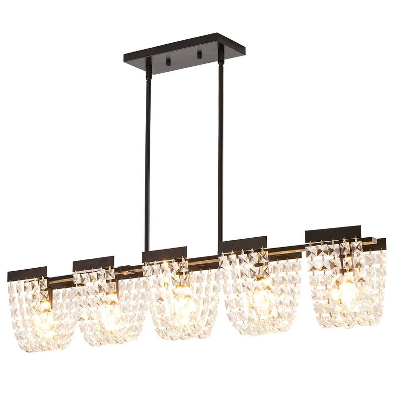 5-Light Luxury Retro Linear Crystal Chandelier Island Pendant Lighting Fixture.