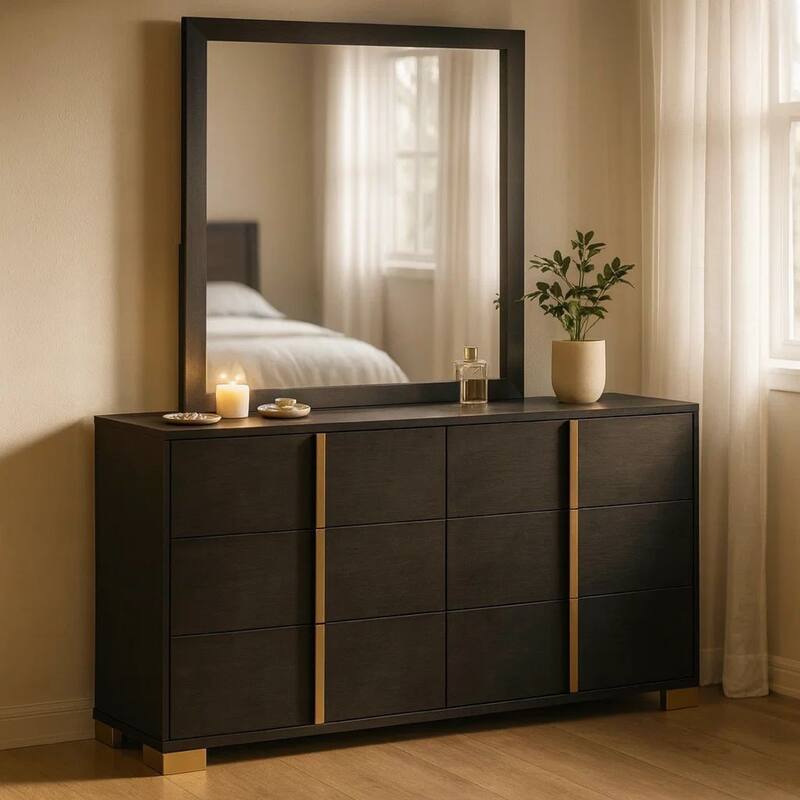 Dex Wide 6 Drawer Dresser with Mirror, Contemporary Gold Metal, Black