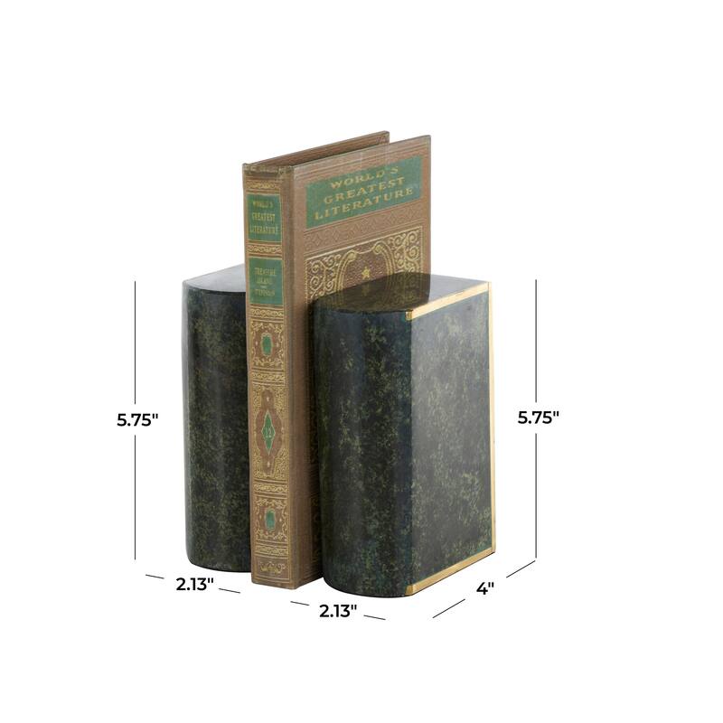 Green Marble Curved Rectangular Decorative Bookends with Gold Accents (Set of 2)