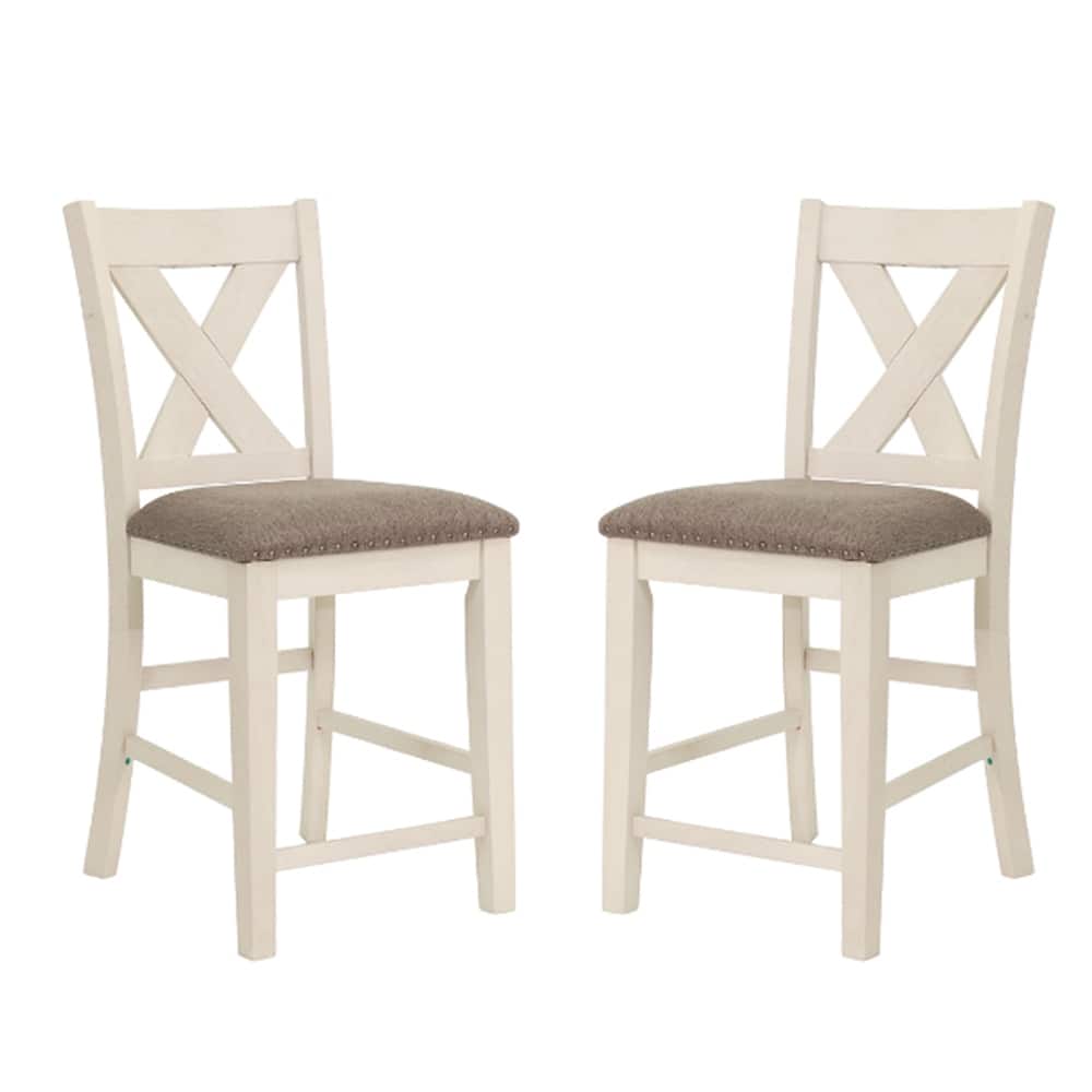 Set of 2 Counter Hight Chairs with X-Cross Back, White and Grey