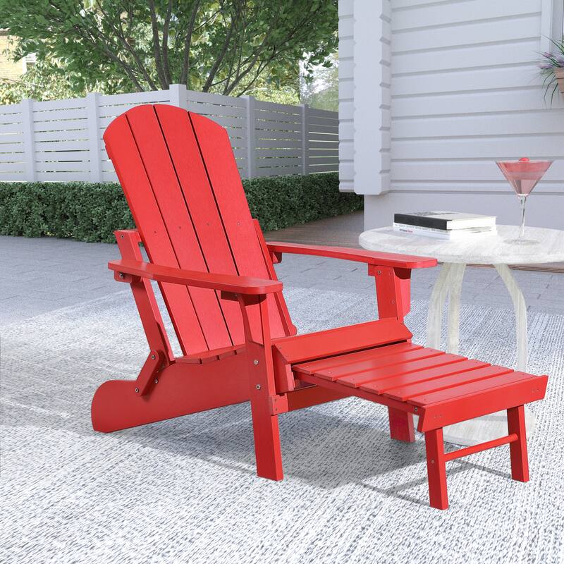 Hurley Folding Poly Plastic Adirondack Chair with Pull-out Ottoman - Red
