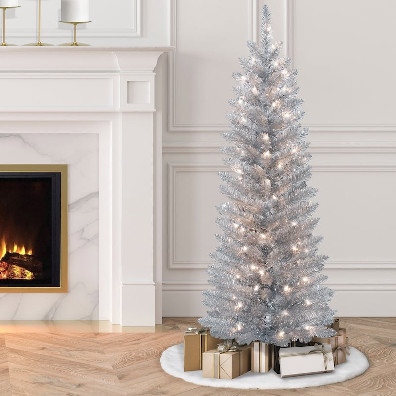 Puleo International 4.5 ft. Pre-Lit Silver Tinsel Artificial Tree
