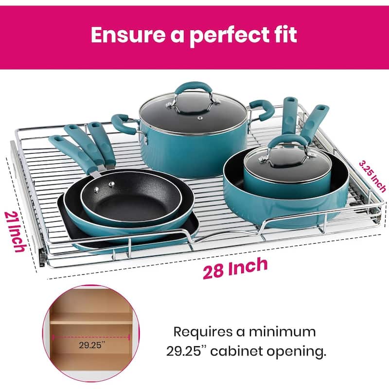 Pull Out Cabinet Drawer Organizer, Heavy Duty- Steel Metal- Chrome Finish