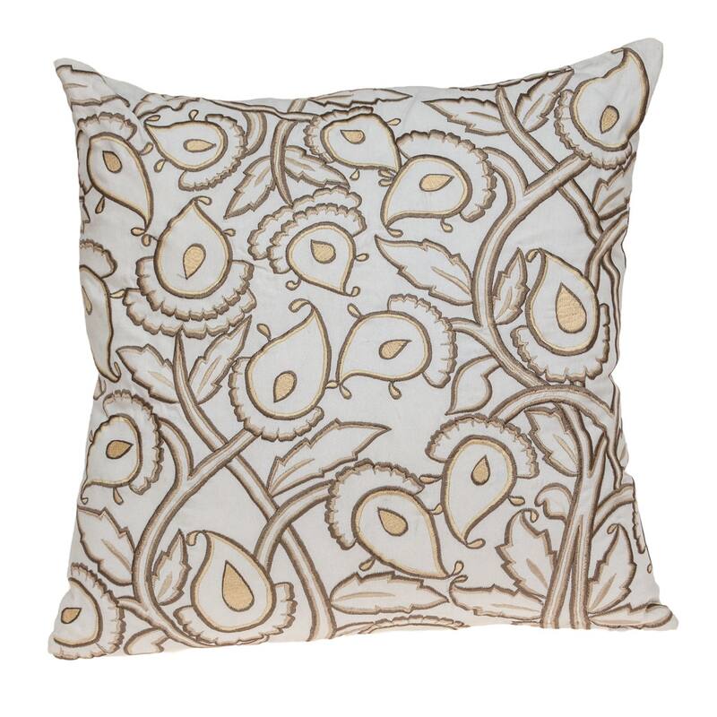 22" Brown and White Cotton Throw Pillow with Embroidery