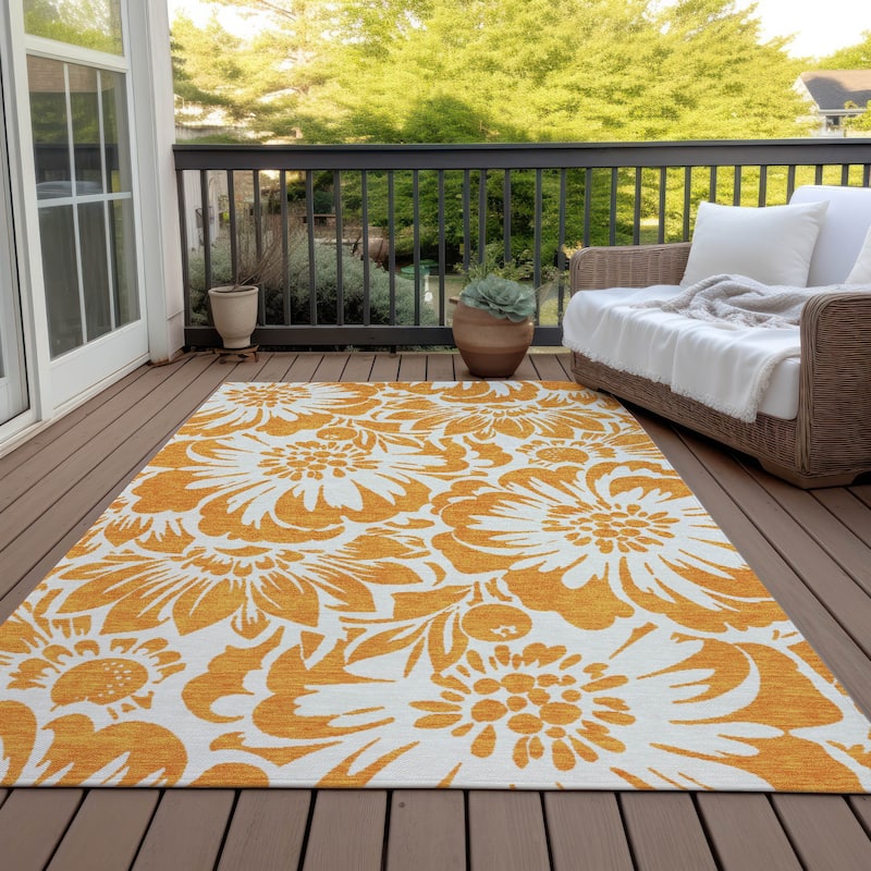 Machine Washable Indoor/ Outdoor Whimsy Floral Chantille Rug - Orange - 9' x 12'
