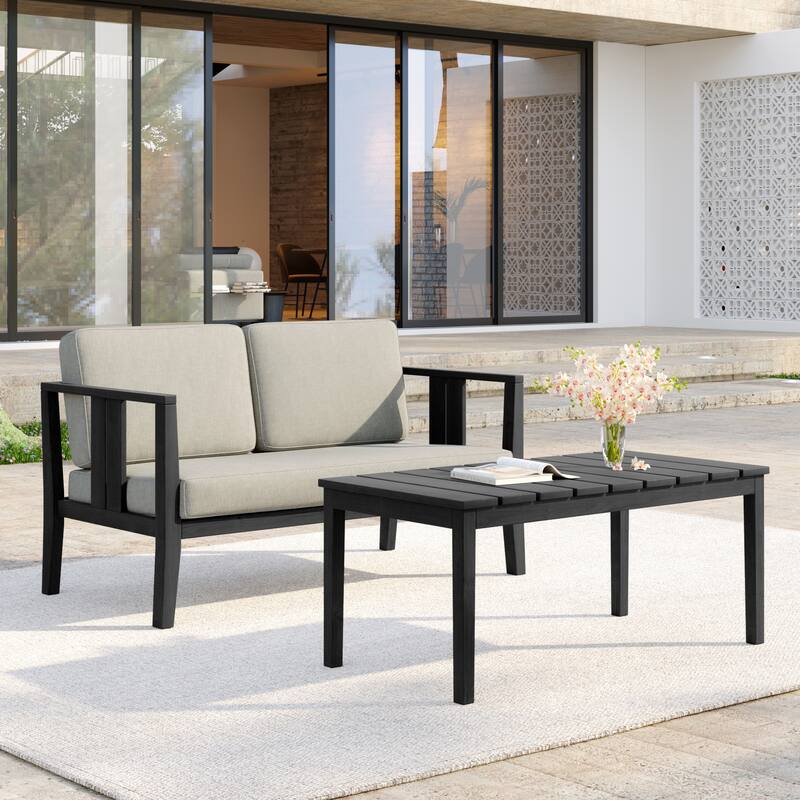 Casual 53"W Outdoor Patio Loveseat Set In Solid Teak Wood with Cushion