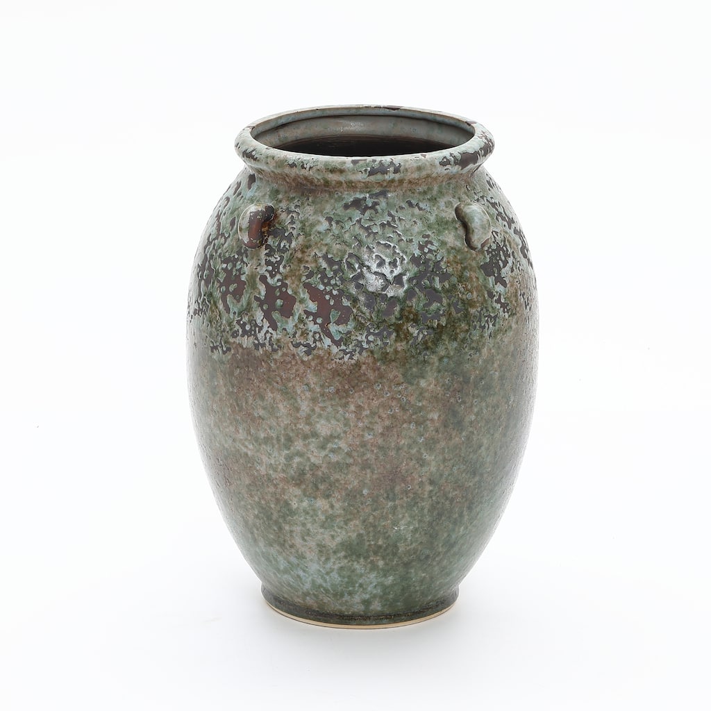 Antiqued Terracotta Jar Vase, Rustic 17" Tall Green & Brown Flower Holder