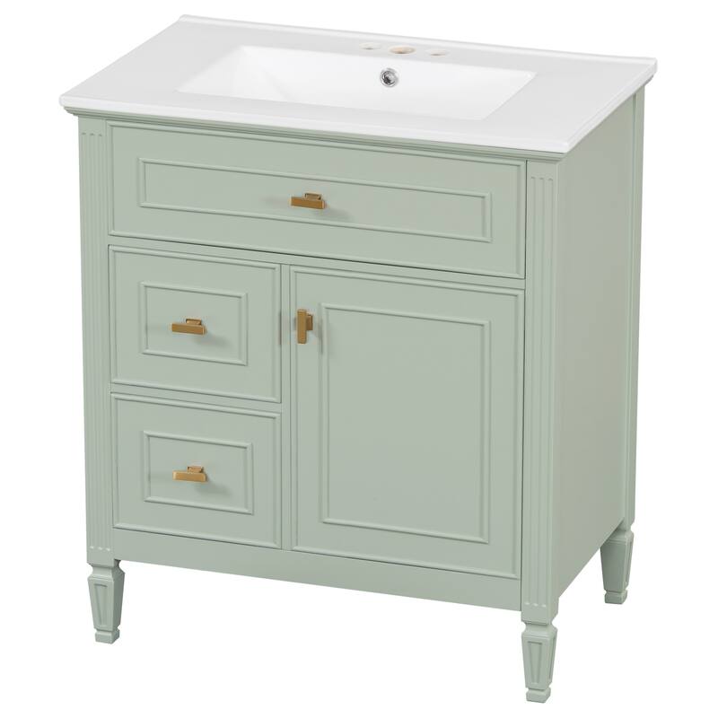 Roomfitters 30" Bathroom Vanity with Ceramic Sink, Solid Wood Frame with Flip Drawer, 2 Side Drawers & Adjustable Shelf