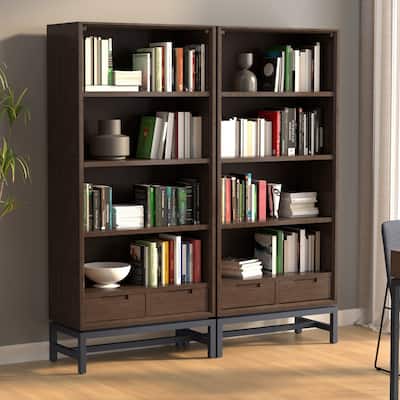 Simpli Home Banting 30 inch Solid Wood 4 Shelf Bookcase in Walnut Brown (Set of 2) -  30"W x 14"D x 66"H
