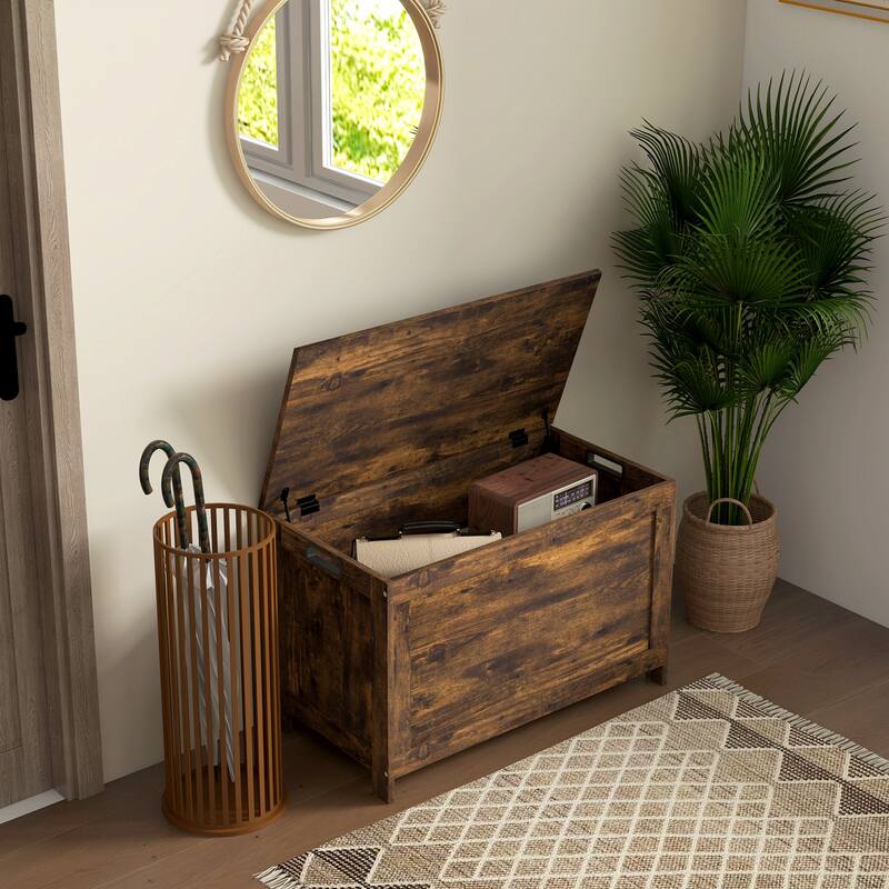 HOMCOM Storage Chest, Wooden Box with 2 Safety Hinges and Cut-out Handles, Modern Storage Trunk for Living Room, Entryway - Brown