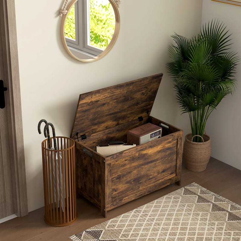 Rustic Brown Wooden Storage Chest Trunk with Lid and Large Capacity Shoe Bench - 29.9" L x 15.7" W x 18.9" H