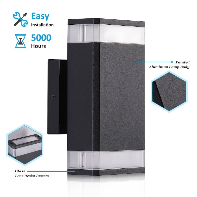 IP66 Waterproof 10W Warm White Integrated Square Outdoor Lights Black Aluminum LED Wall Lamp 2-Pack - N/A
