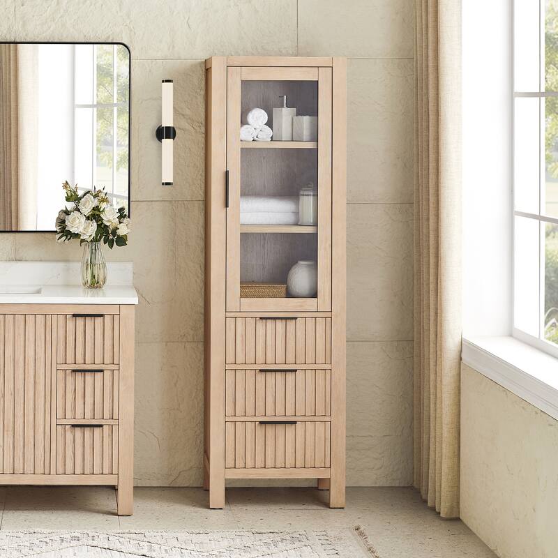 Shenzhen Solid Wood Bathroom Storage Cabinet - 21.7"W x 72"H - Aged Natural Oak