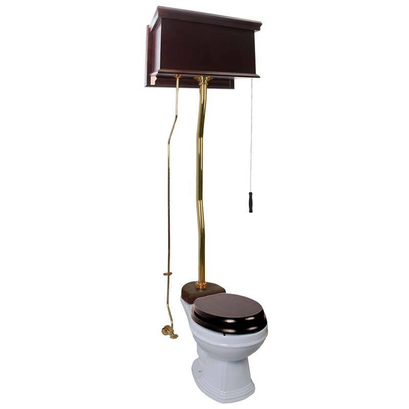 Dark Oak Wooden High Tank Toilet Flat Tank, Brass PVD Z Pipe and Round White Bowl