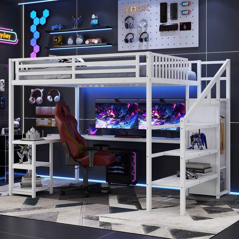 Metal Queen Loft Bed w/ Wardrobe & LED Light L Shaped Desk USB for Kids Teens Adults - White - White