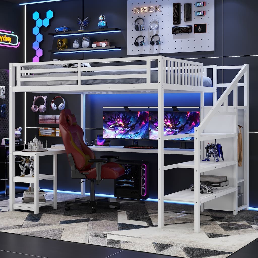 Metal Queen Loft Bed w/ Wardrobe & LED Light L Shaped Desk USB for Kids Teens Adults - White