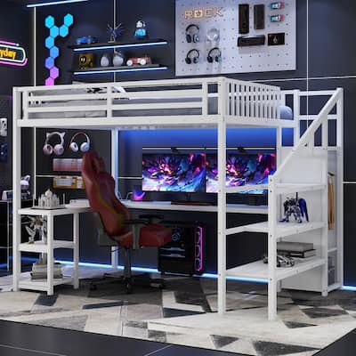 Metal Queen Loft Bed with Wardrobe and LED Light, Queen Size Loft Bed with L Shaped Desk and USB for Kids Teens Adults