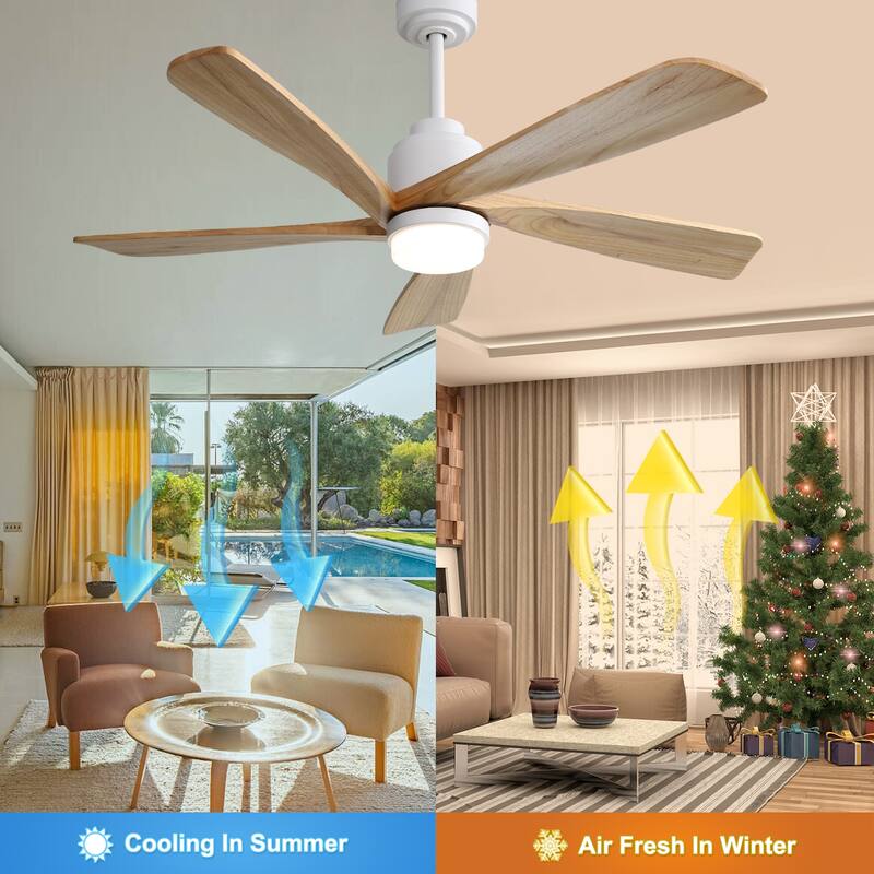 52" Indoor Ceiling Fan with Light, 5 Solid Wood Blades Smart Remote Control Reversible DC Motor Ceiling Fan