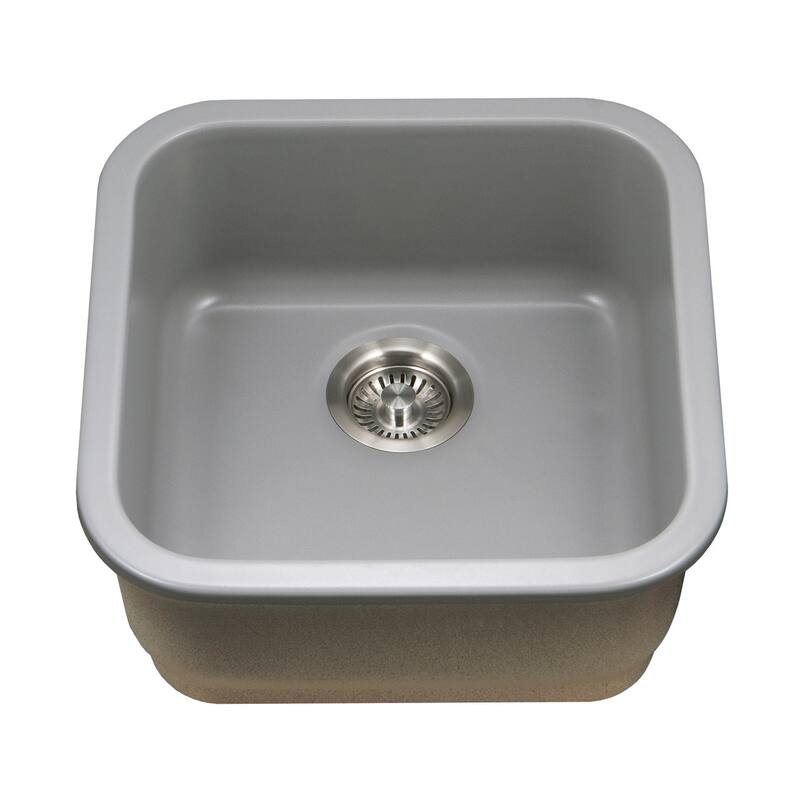 Houzer Platus 19" Gray Fireclay Undermount Square Single Bowl Bar Sink w/ Basket Strainer, Basin Grid Included