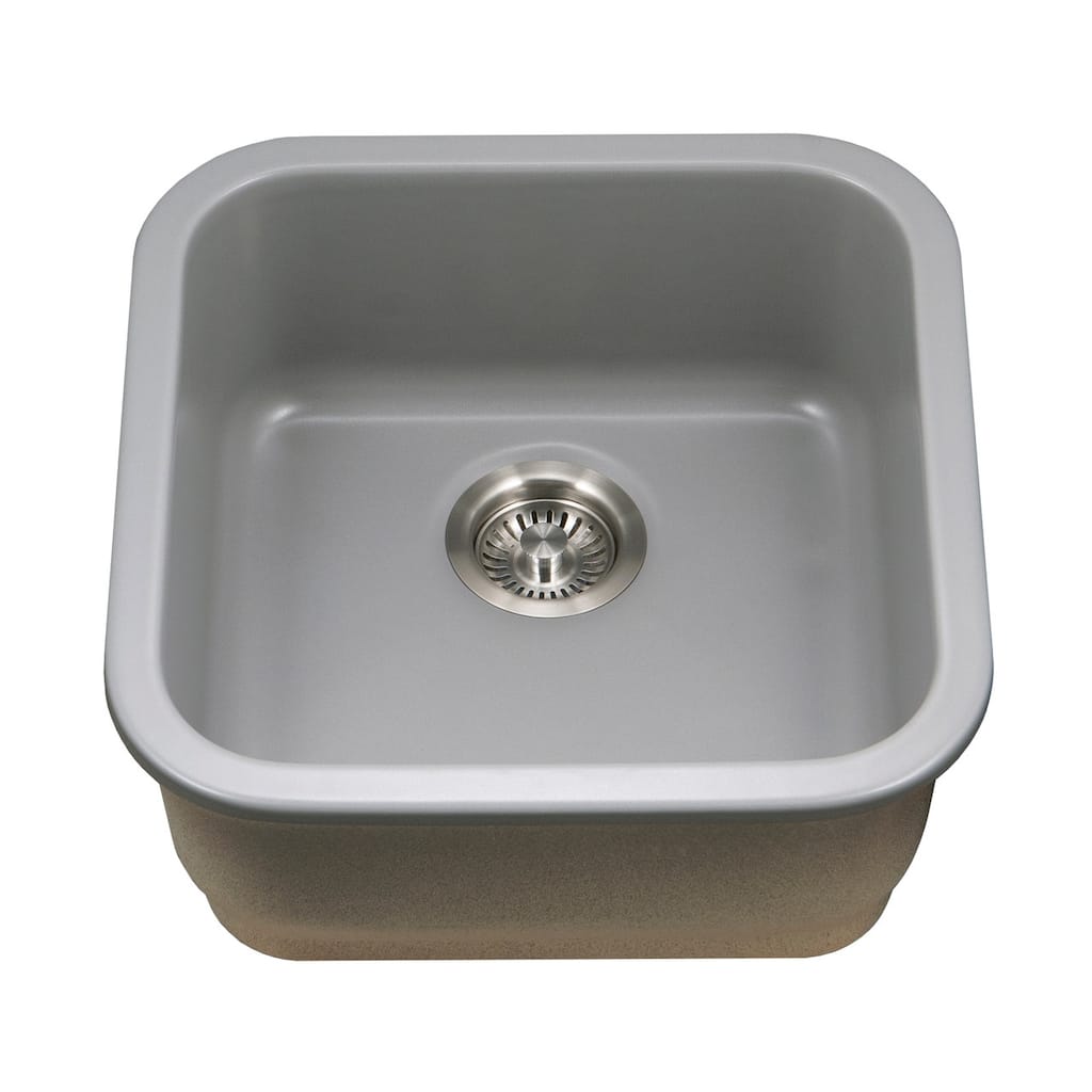 Houzer Platus 19" Gray Fireclay Undermount Square Single Bowl Bar Sink w/ Basket Strainer, Basin Grid Included