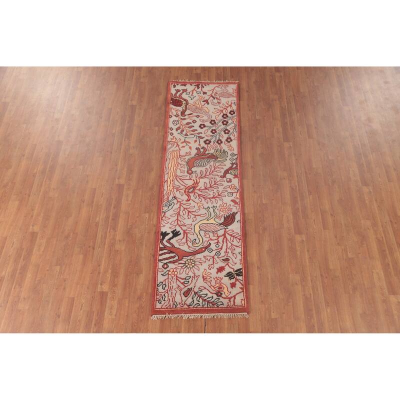 Animal Pictorial Ziegler Runner Rug Hand-Knotted Beige Wool Carpet - 2'6"x 8'1"