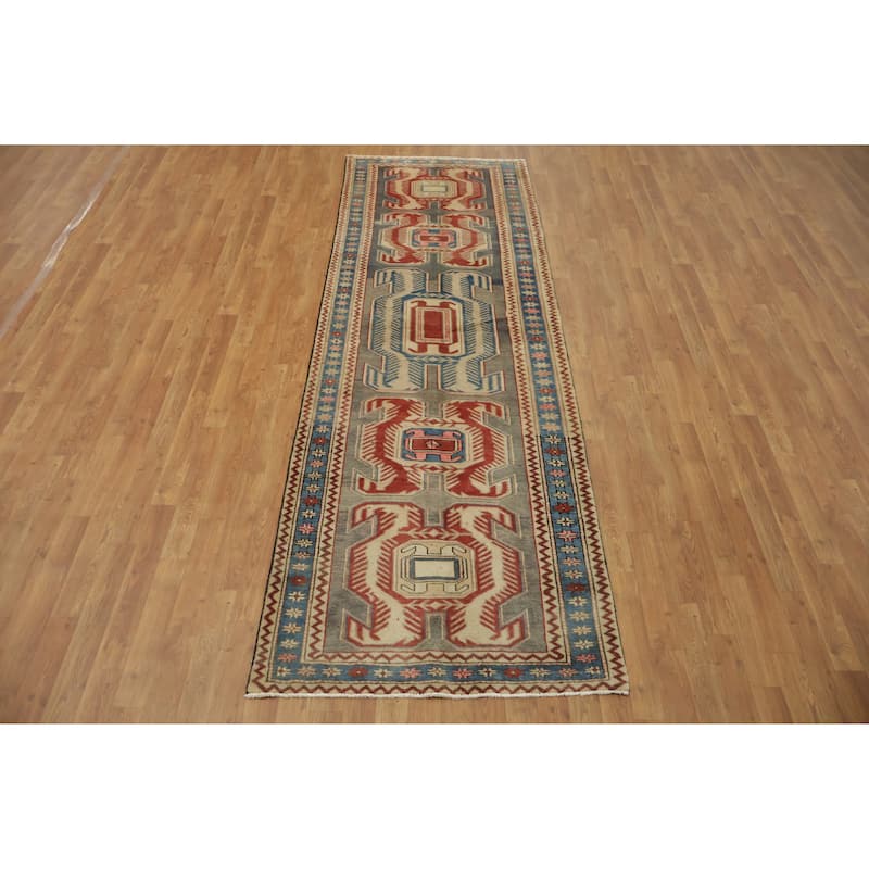 Hand Knotted Oriental 100% Wool Carpet Traditional Tribal Greys & Charcoal Meshkin Runner Rug - 10' 1'' X 3' 4''