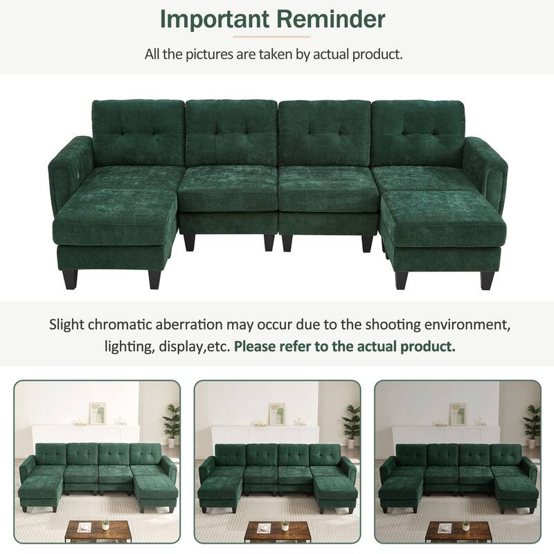 115" U-Shaped Sectional Couch, 6 Seat Upholstered Deep Seat Sofa with Movable Ottomans, USB Ports and Side Tables